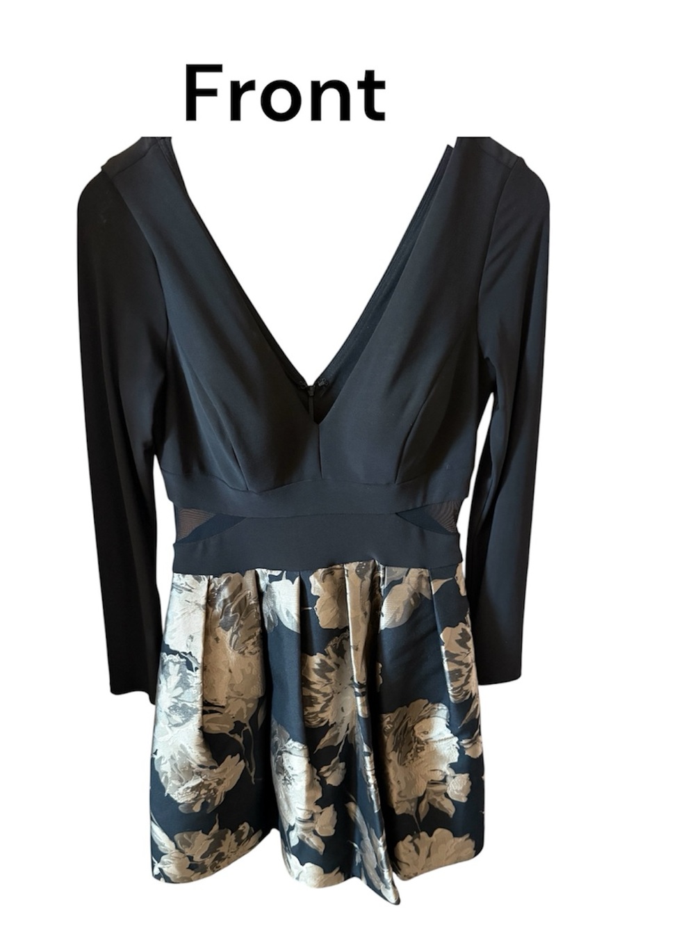 Xscape Black Long Sleeve V-Neck Floral Jacquard Fit-and-Flare Dress